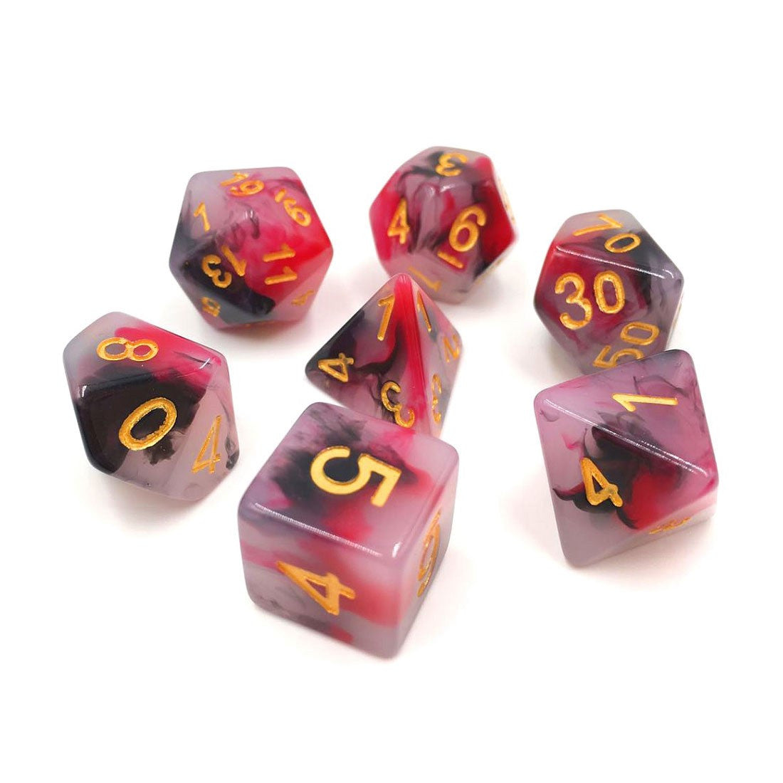 Black and Red Opalescent Jade Polyhedral 7pc Dice Set